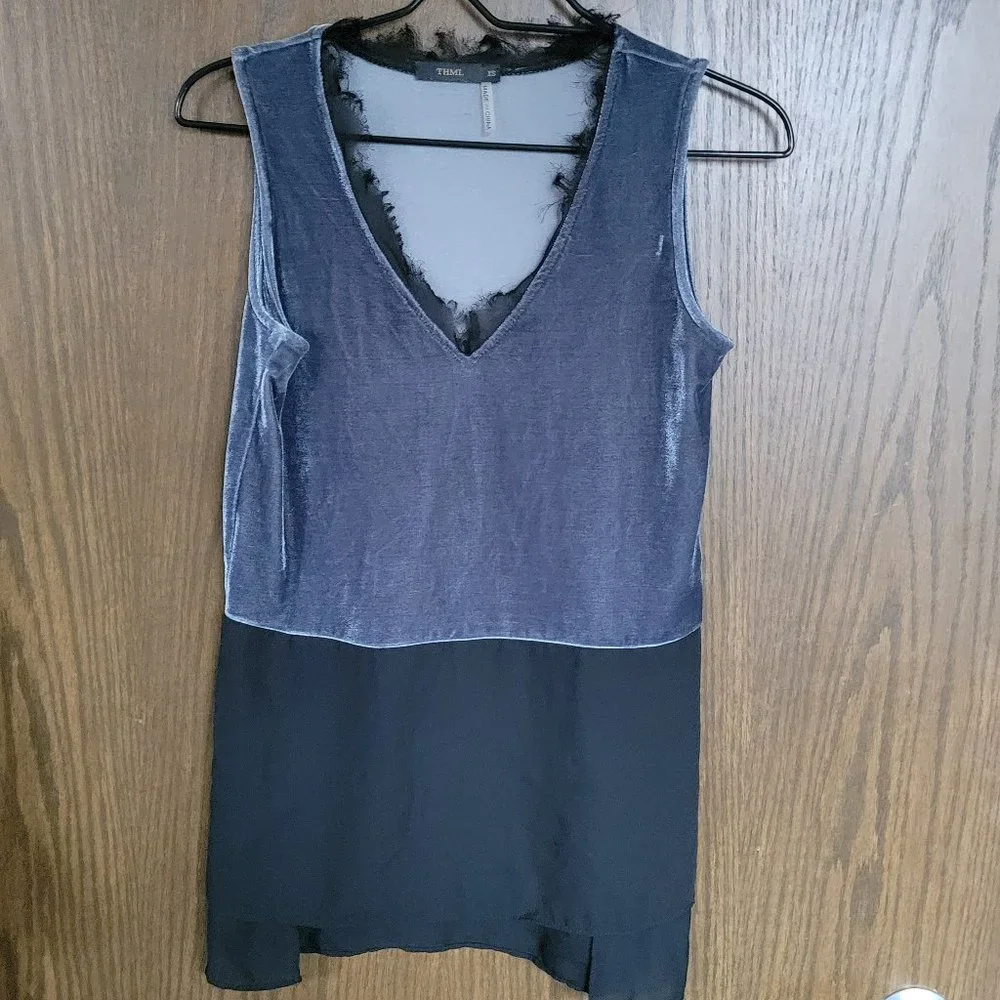 THML Blue Velvet Tunic Top Sleeveless Mixed Tank Blouse Velour XS Anthropologie - Picture 6 of 14